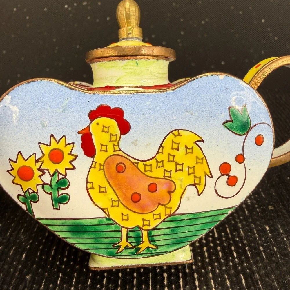 Kelvin Chen 1999 Miniature Rooster Heart Enamel Teapot US 80 CP Hand Painted 3x4